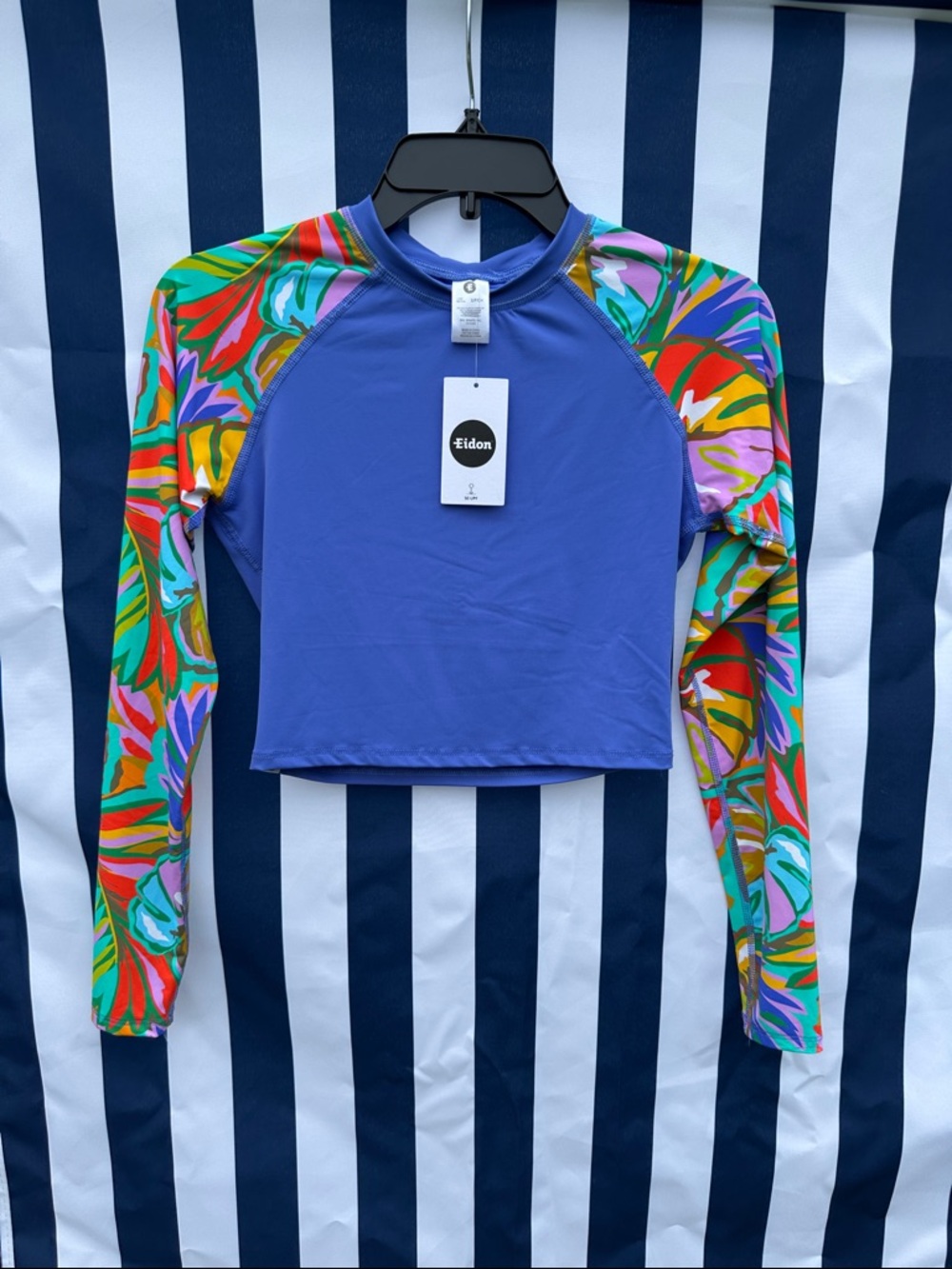 Eidon Purple Long-Sleeve Crop Swim Coverup with Colorful Printed Sleeves